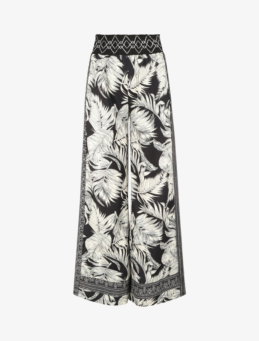 Pantalon fluide coupe flare imprimé feuillages - Noir - 1