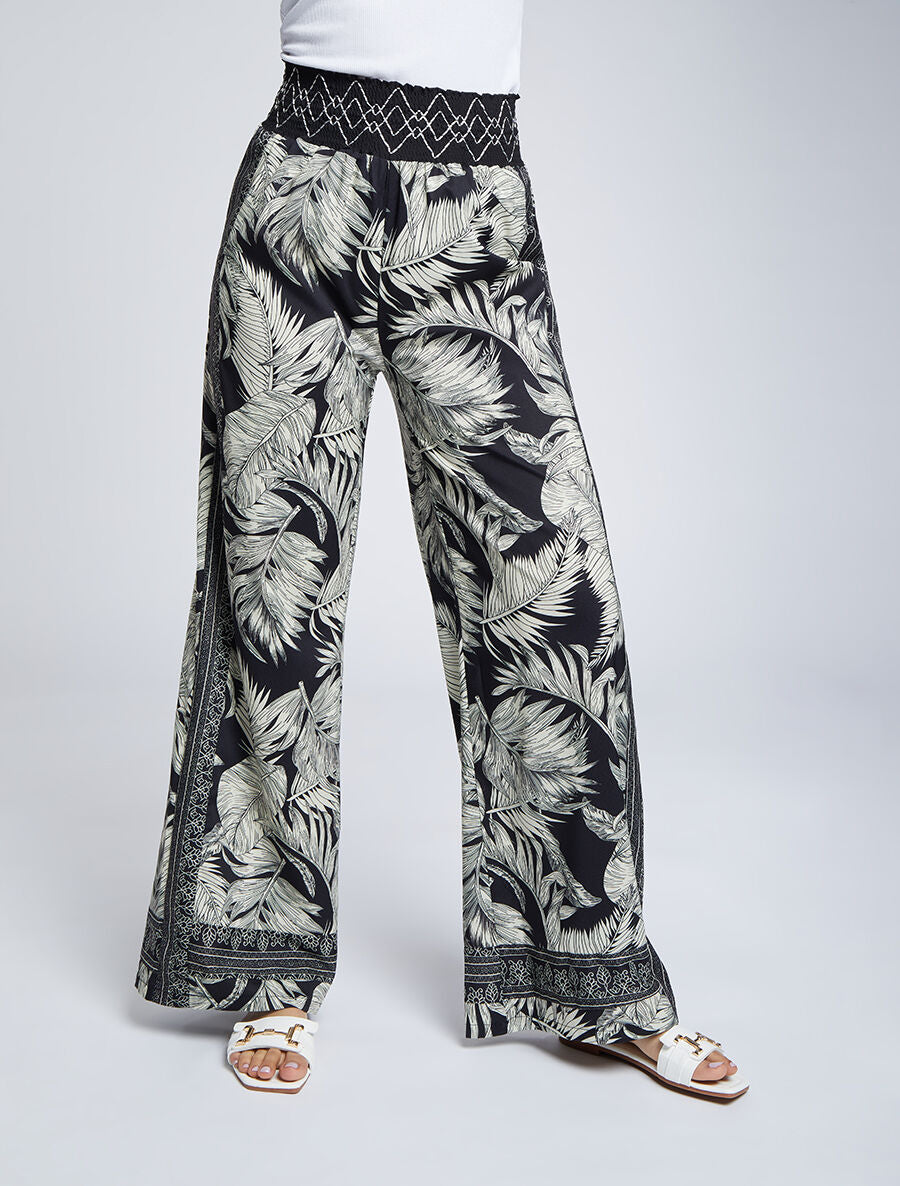 Pantalon fluide coupe flare imprimé feuillages - Noir - 4