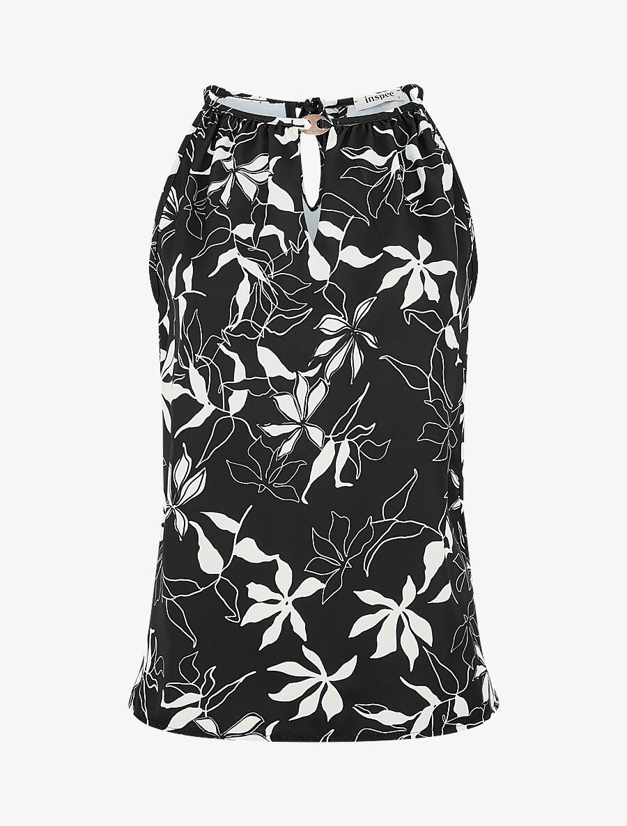 Top évasé sans manches motif fleuri - Noir - 1