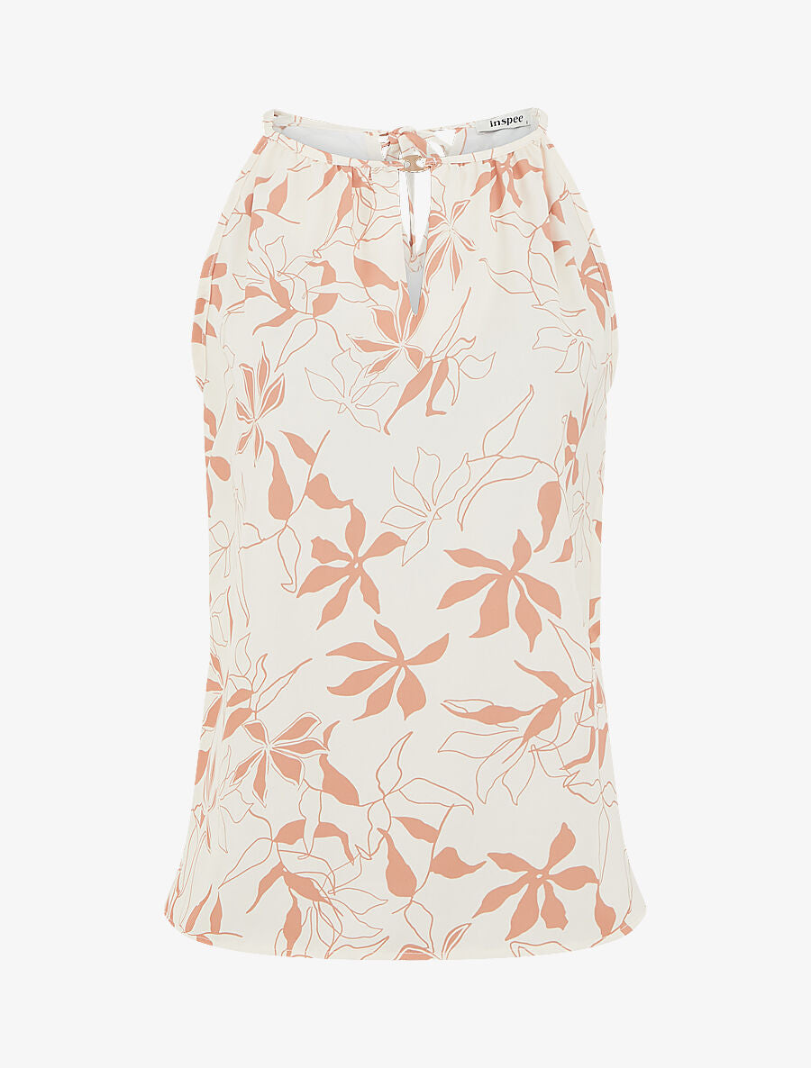 Top évasé sans manches motif fleuri - Beige - 4