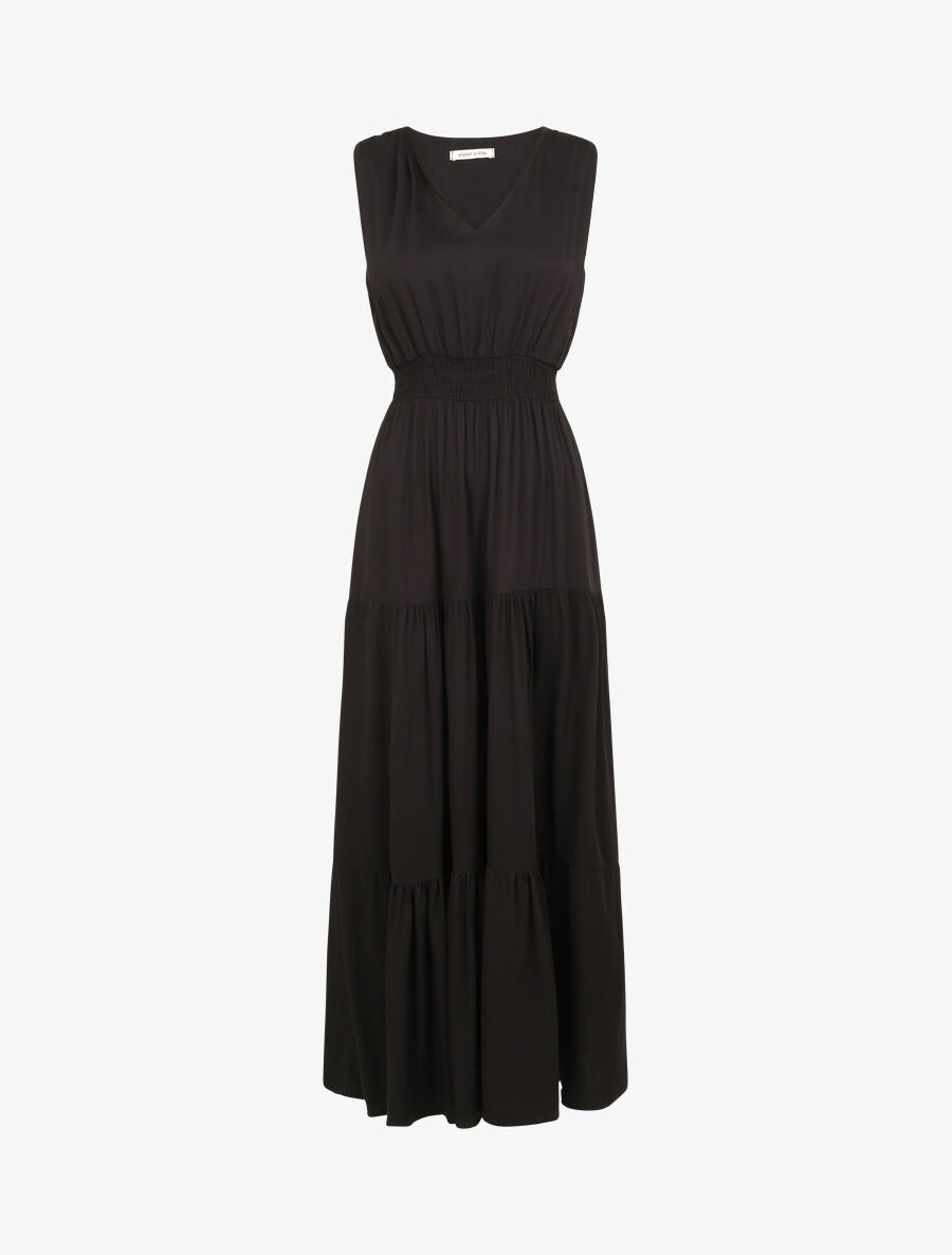 Robe longue cintrée à taille élastiquée - Noir - 4