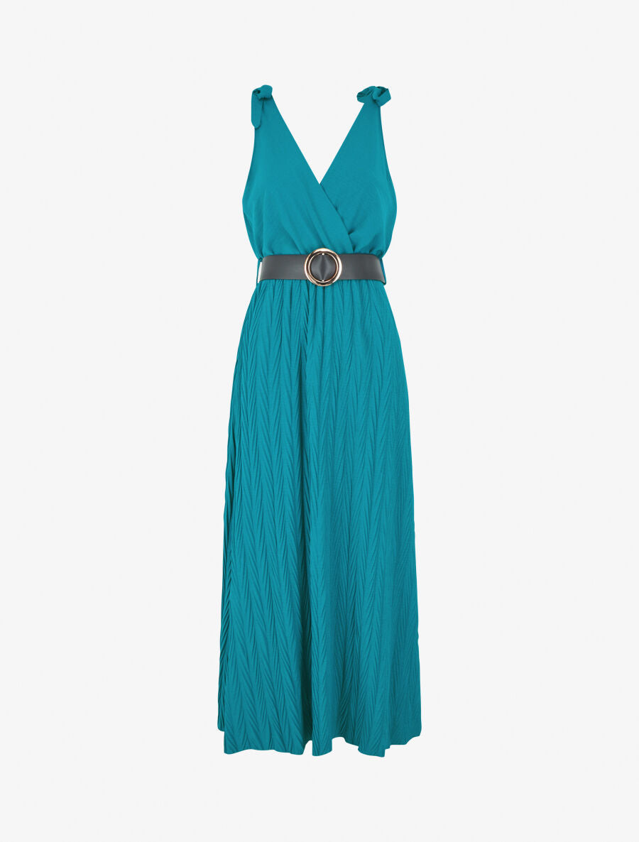 Robe longue à jupe texturée - Bleu canard - 1