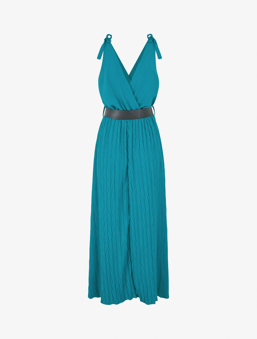 Robe longue à jupe texturée - Bleu canard - 2