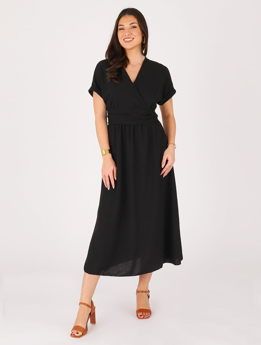 Robe longue unie col cache coeur - Noir - 4