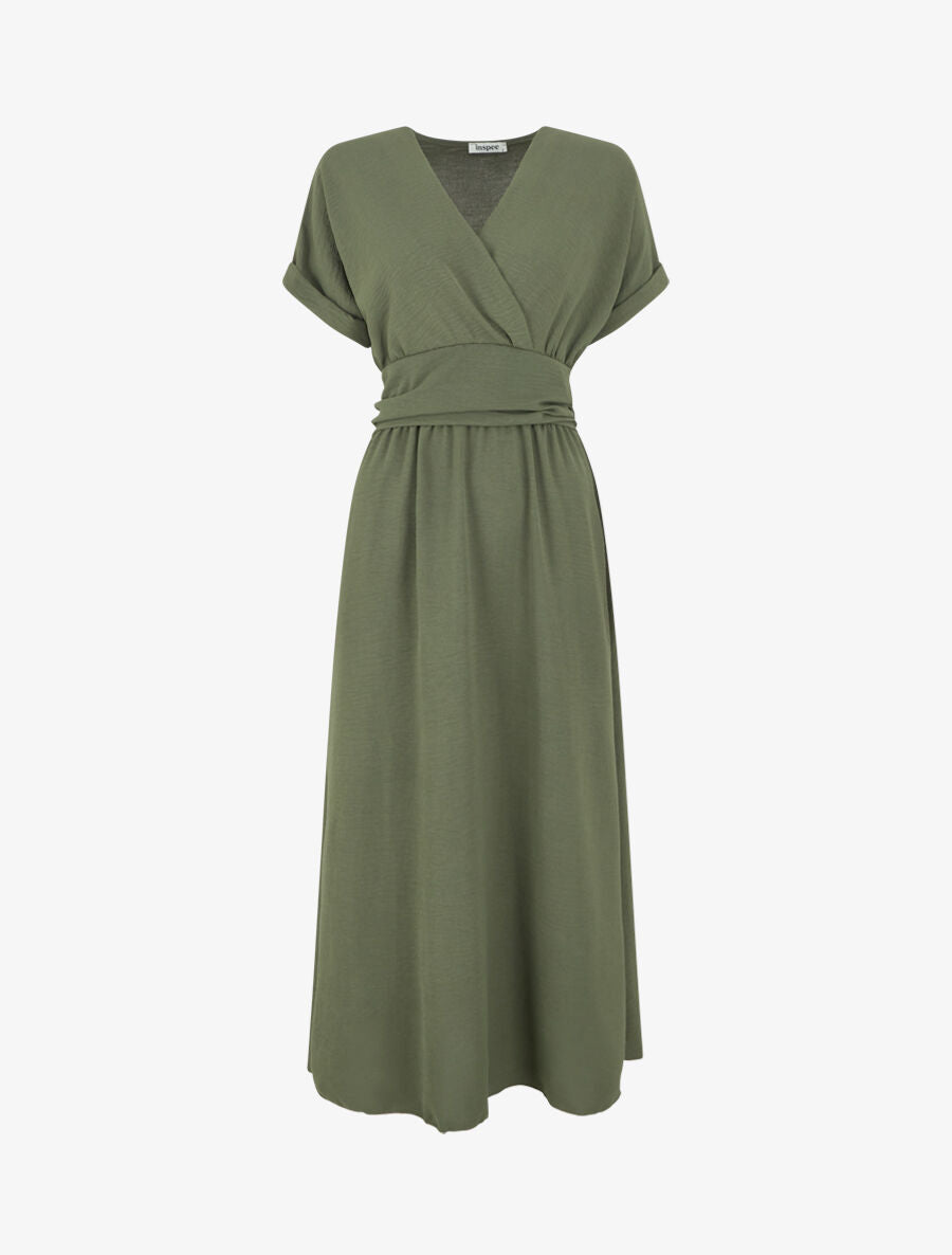 Robe longue unie col cache coeur - Kaki - 1
