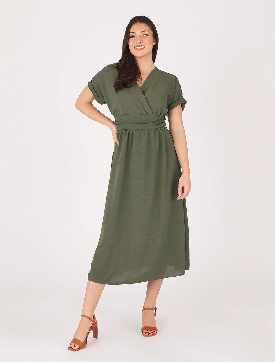Robe longue unie col cache coeur - Kaki - 4