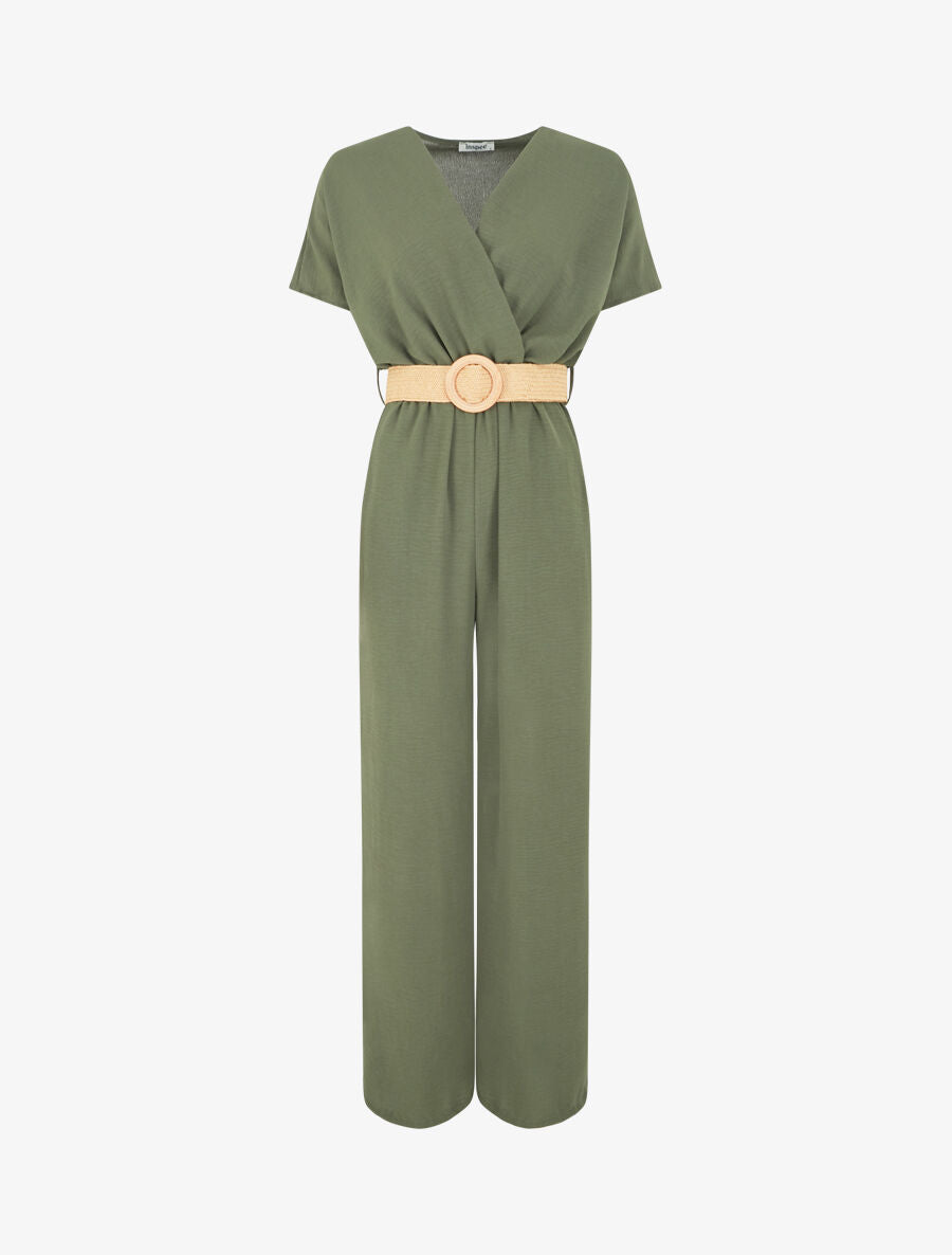 Combinaison fluide unie ceinturée - Kaki - 5