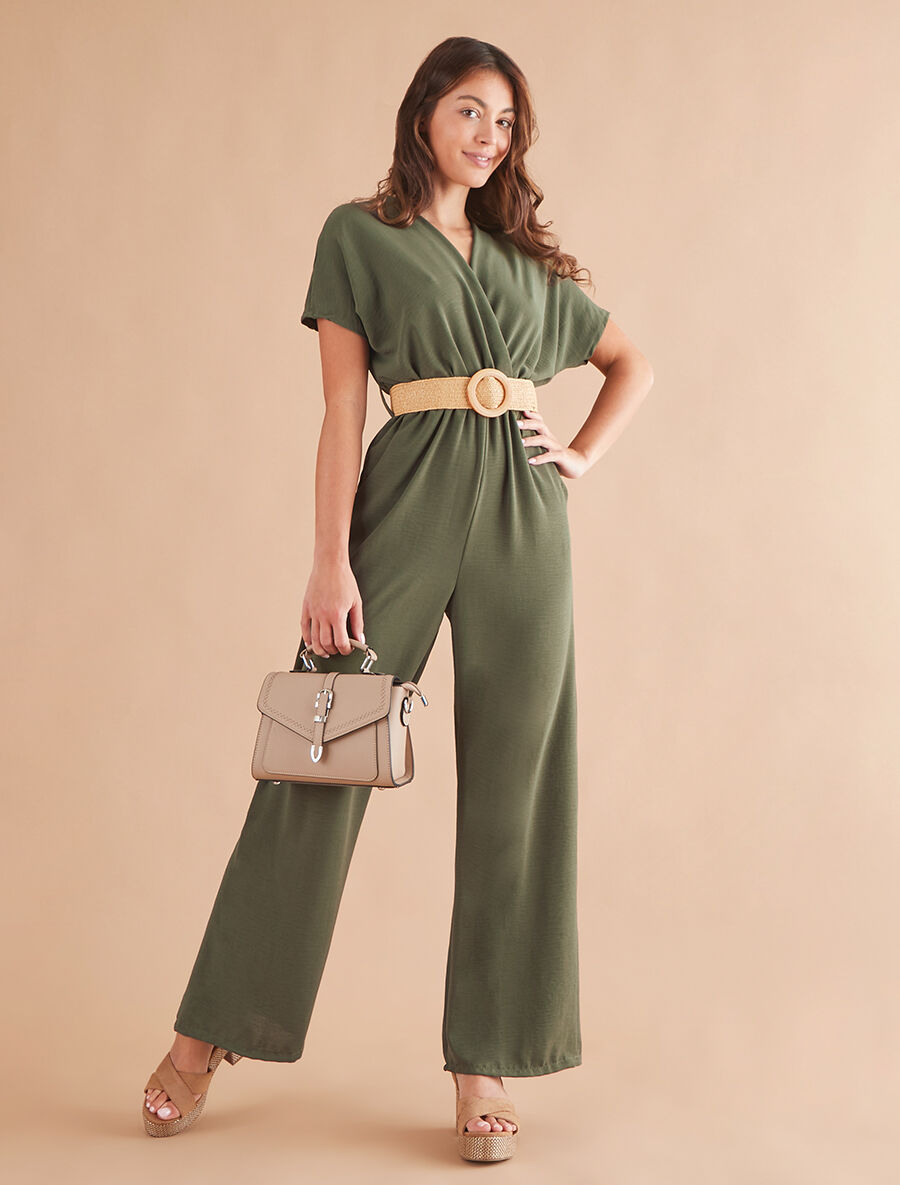 Combinaison fluide unie ceinturée - Kaki - 4