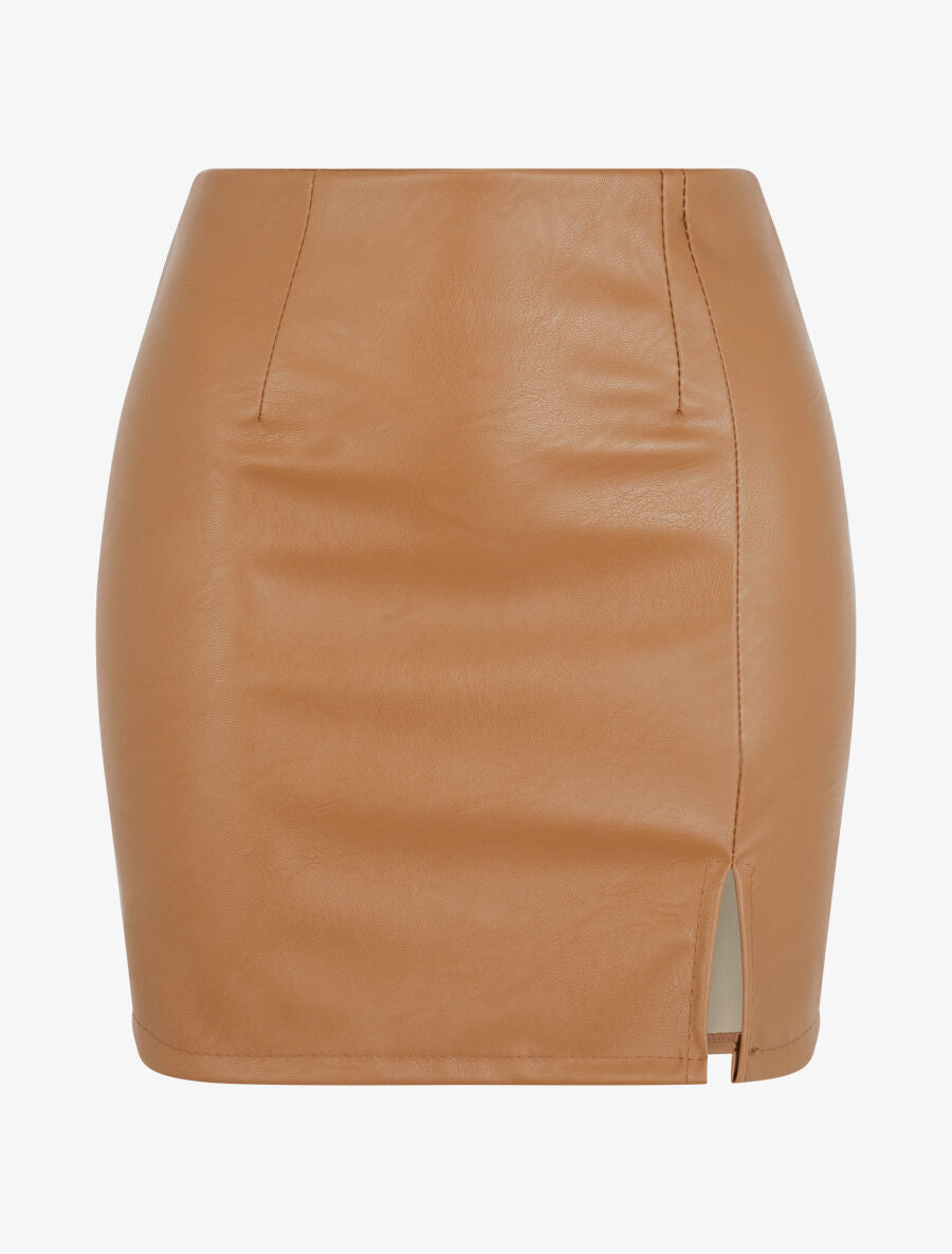 Mini-jupe fendue en simili - Camel - 4