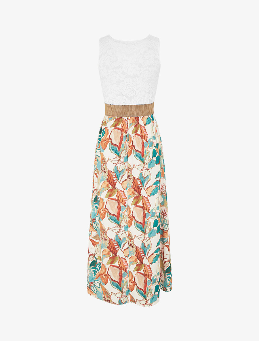 Robe longue bi-matière imprimé feuillage - Beige - 2
