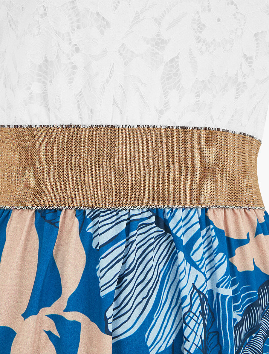 Robe longue bi-matière imprimé feuilles - Bleu azur - 3