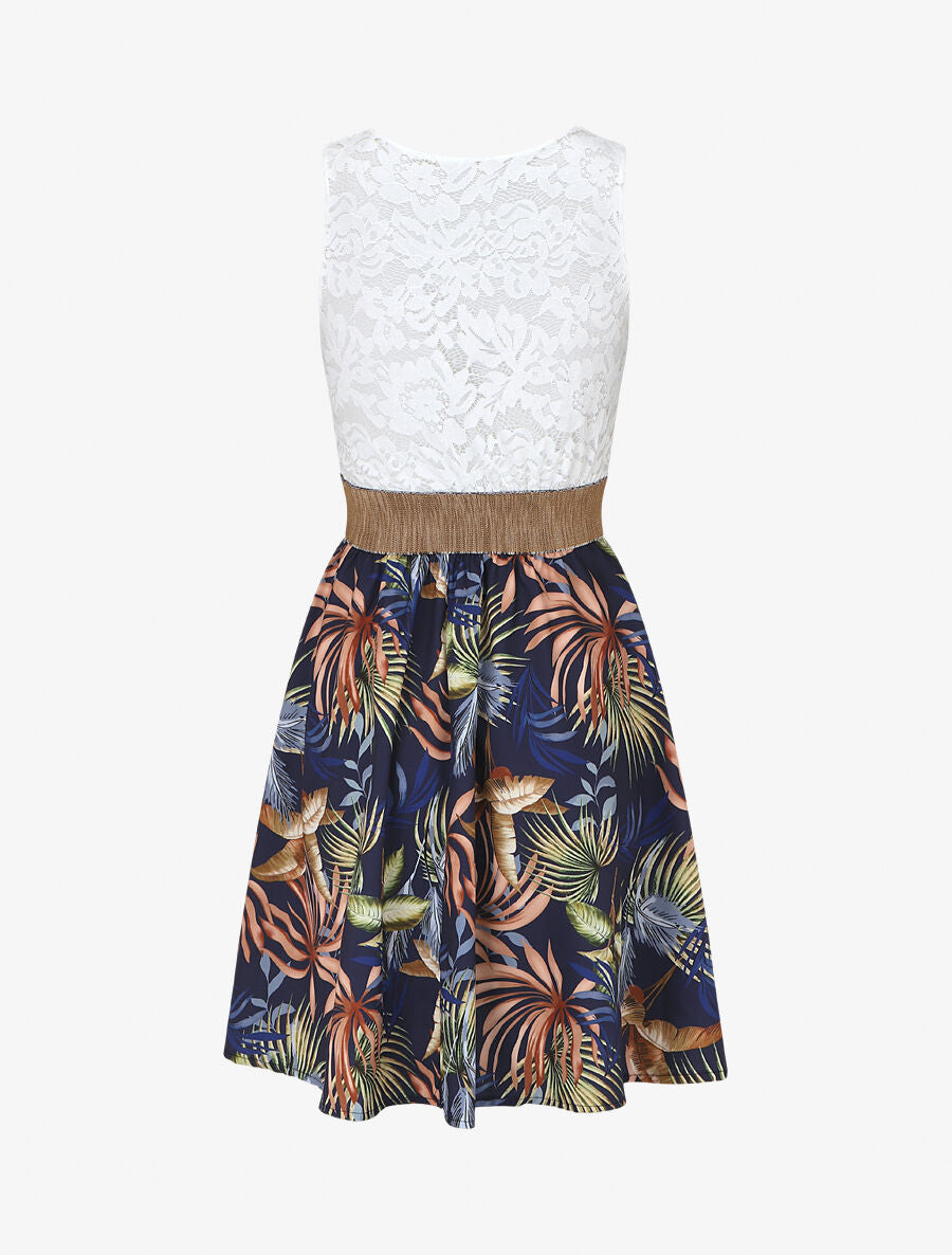 Robe bi-matière imprimé tropical - Marine - 2