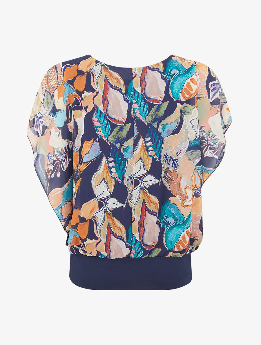 Blouse imprimé feuilles à manches volantées - Marine - 2