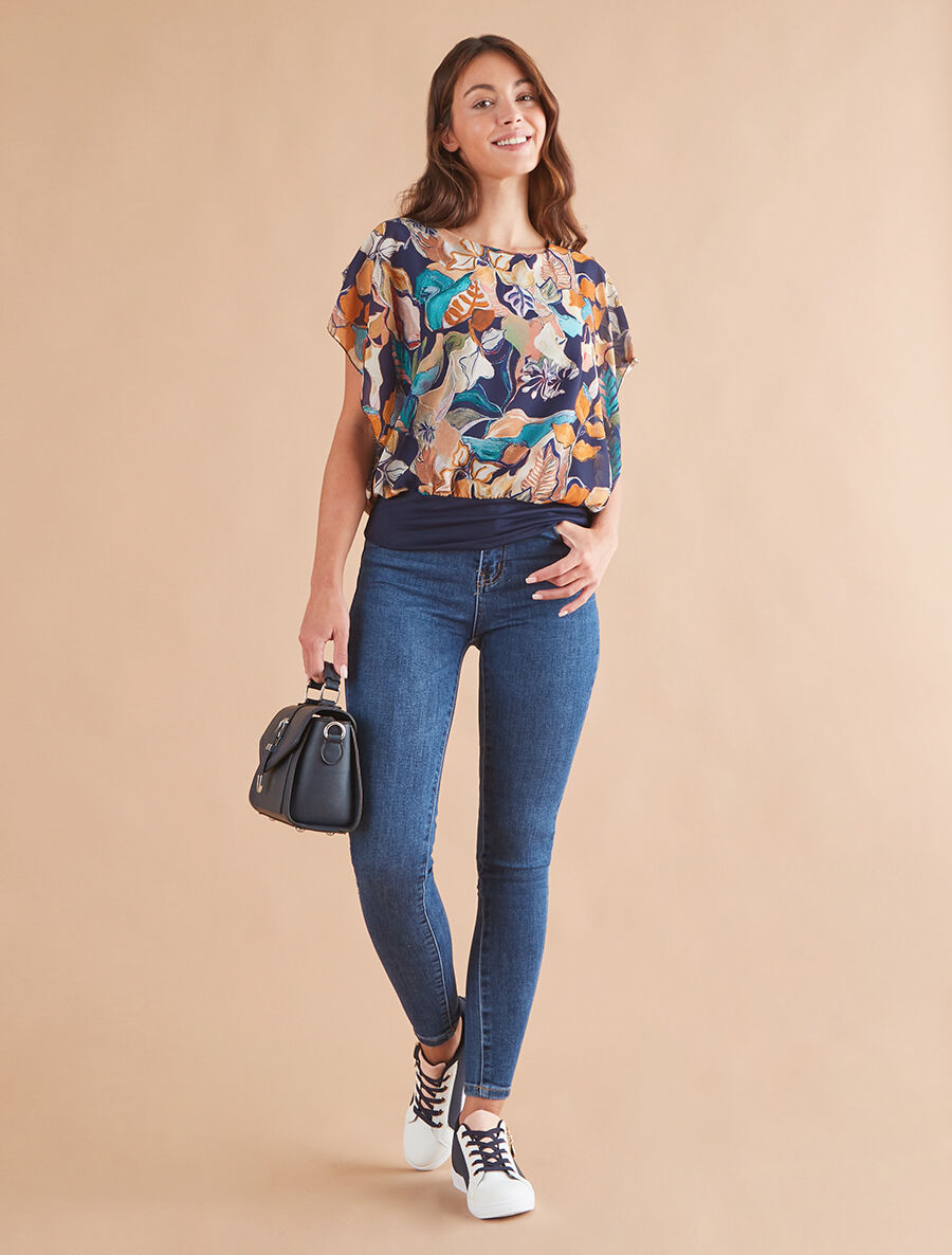 Blouse imprimé feuilles à manches volantées - Marine - 4