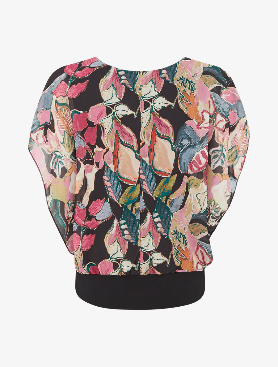 Blouse imprimé feuilles à manches volantées - Noir - 2