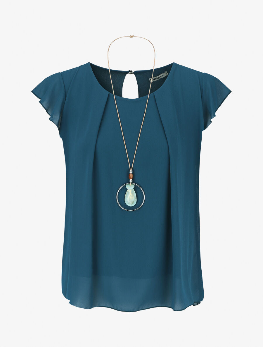 Top ample en voile épaules volantées - Bleu canard - 1