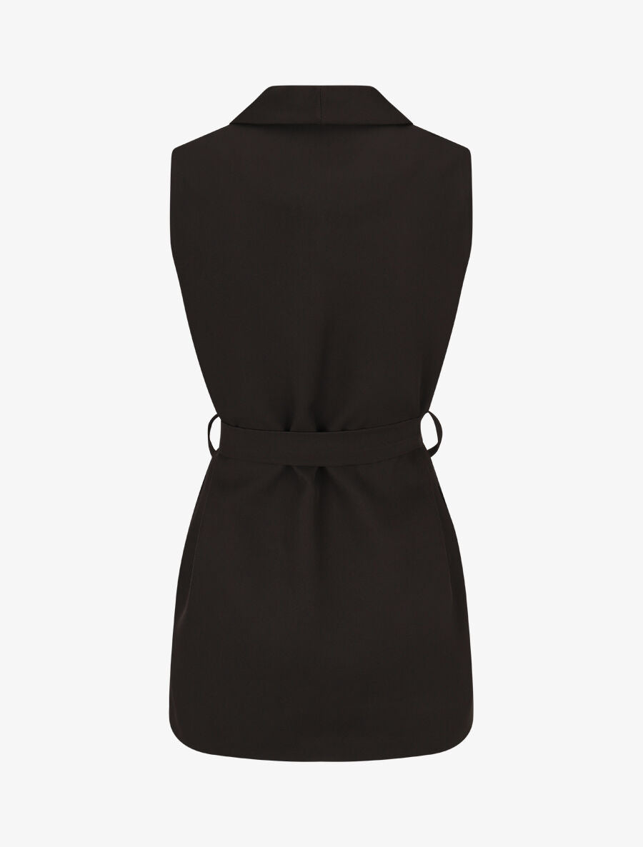 Blazer long uni sans manches - Noir - 2