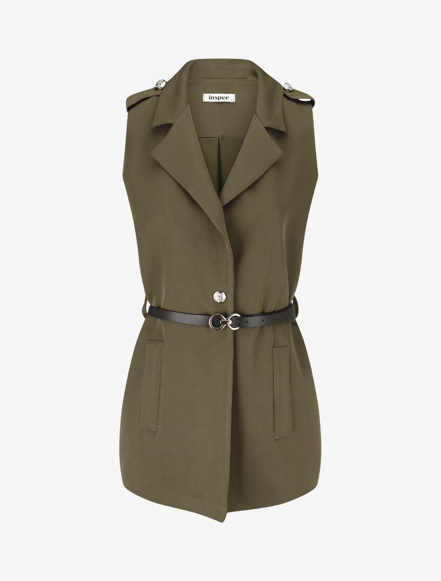 Blazer long uni à boutons métallisés aux épaules - Kaki - 4