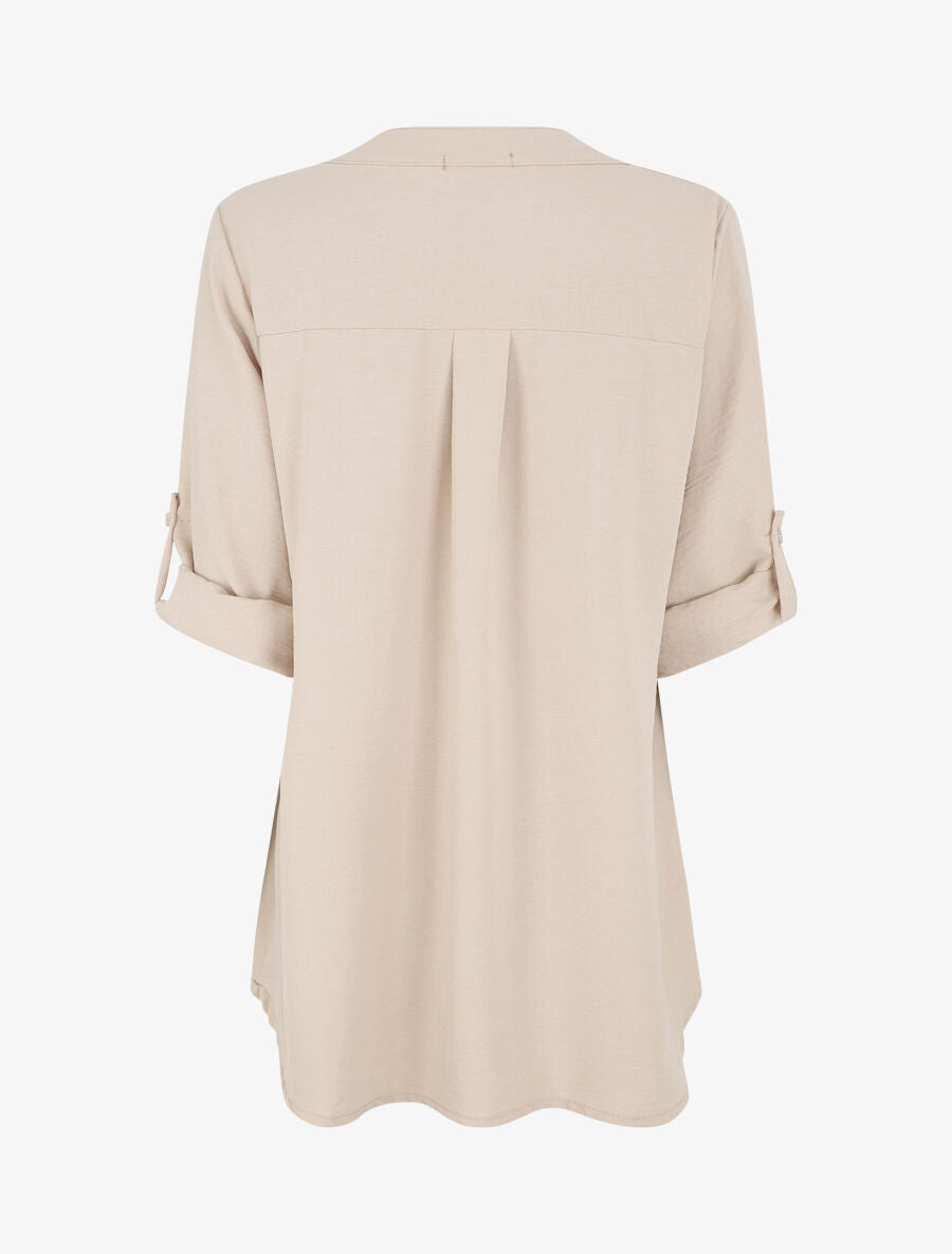 Blouse unie à manches retroussables - Beige - 2