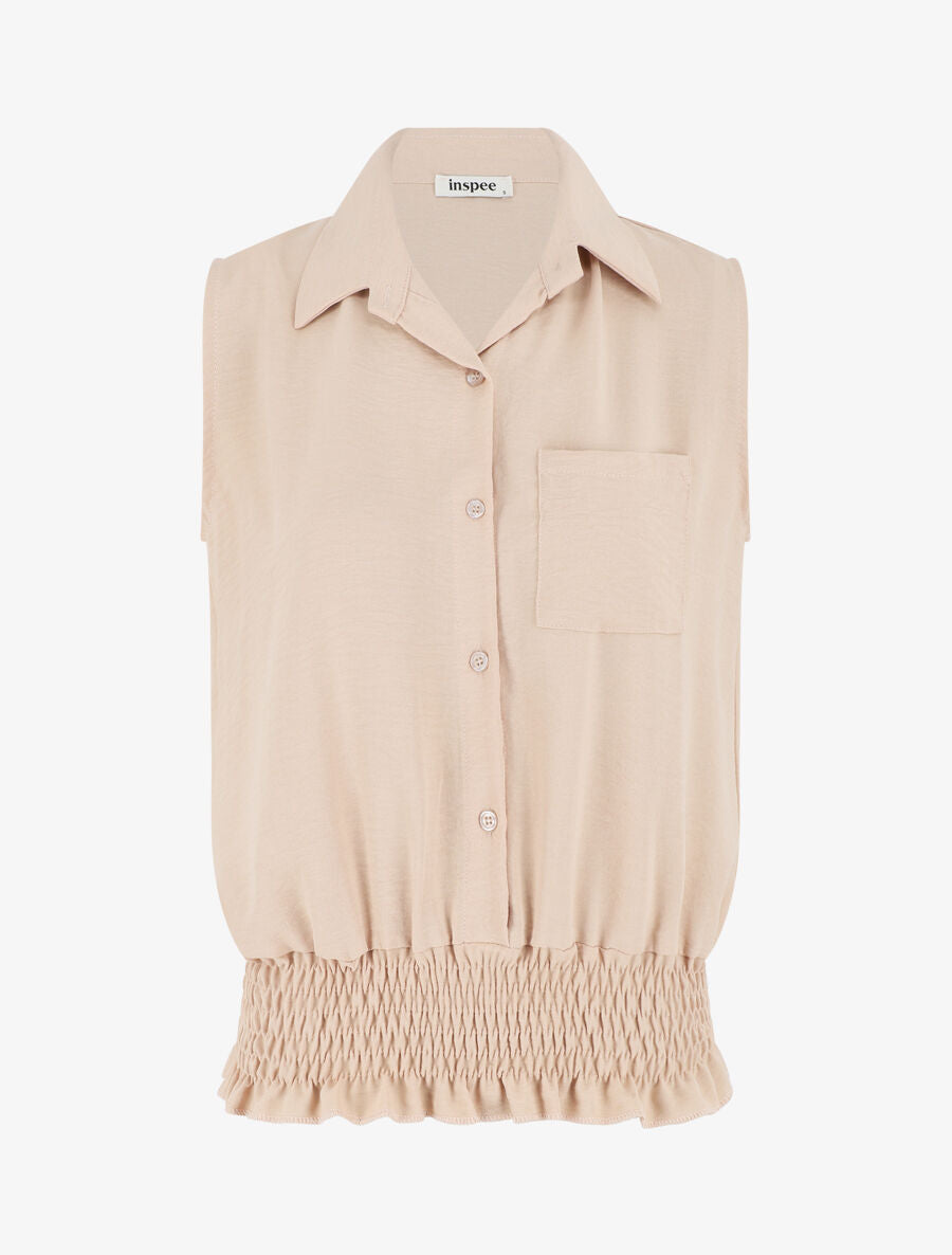 Chemise uni sans manches à bord élastiqué - Beige - 1