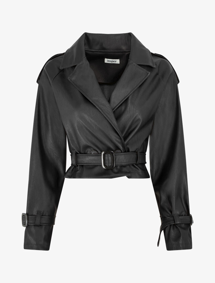 Veste courte en simili ceinturée - Noir - 1