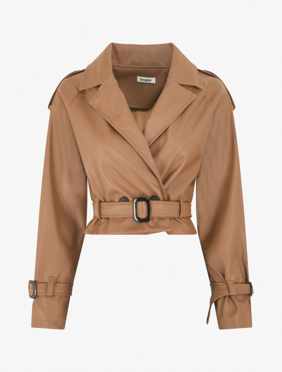 Veste courte en simili ceinturée - Camel - 1
