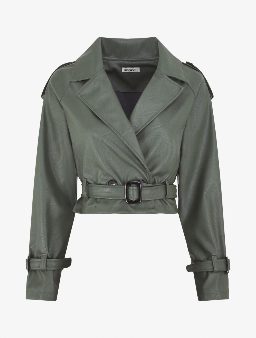 Veste courte en simili ceinturée - Kaki - 1