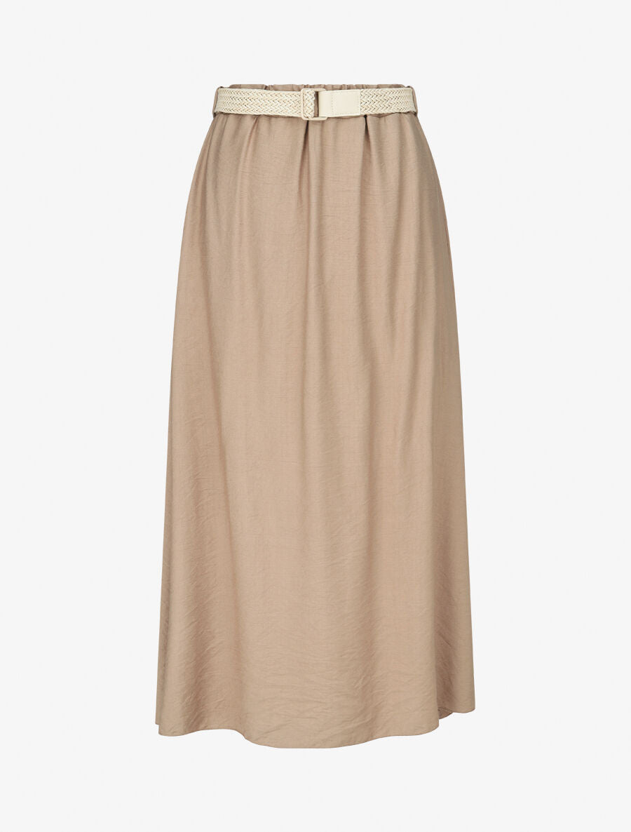 Jupe midi évasée taille haute élastiquée - Beige - 4