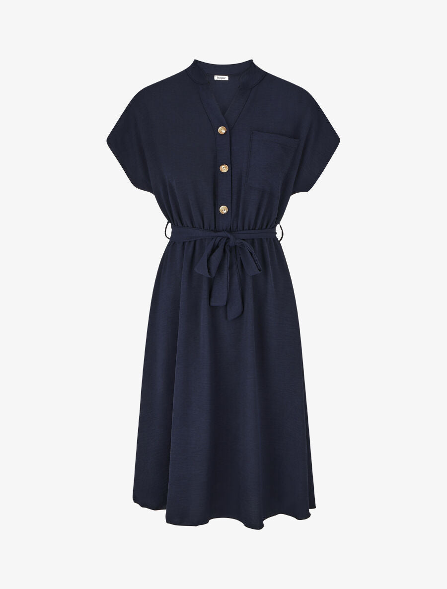 Robe mi-longue élastiquée - Marine - 1