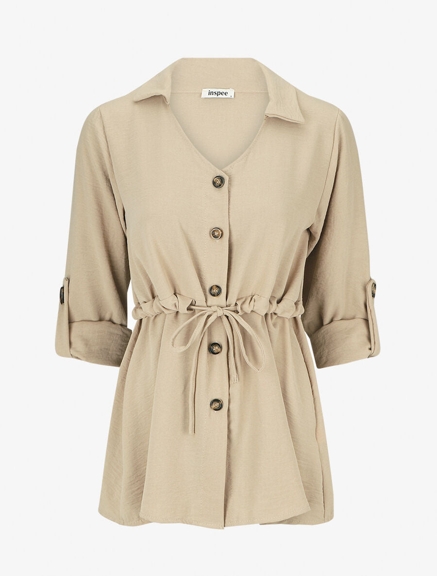 Blouse unie à manches retroussables - Beige - 4