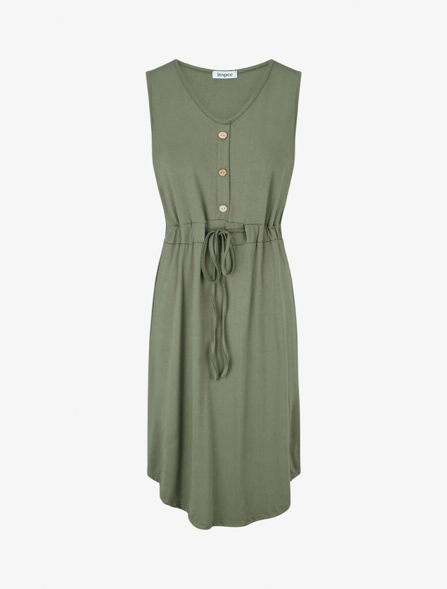 Robe mi-longue sans manches élastiquée - Kaki - 1