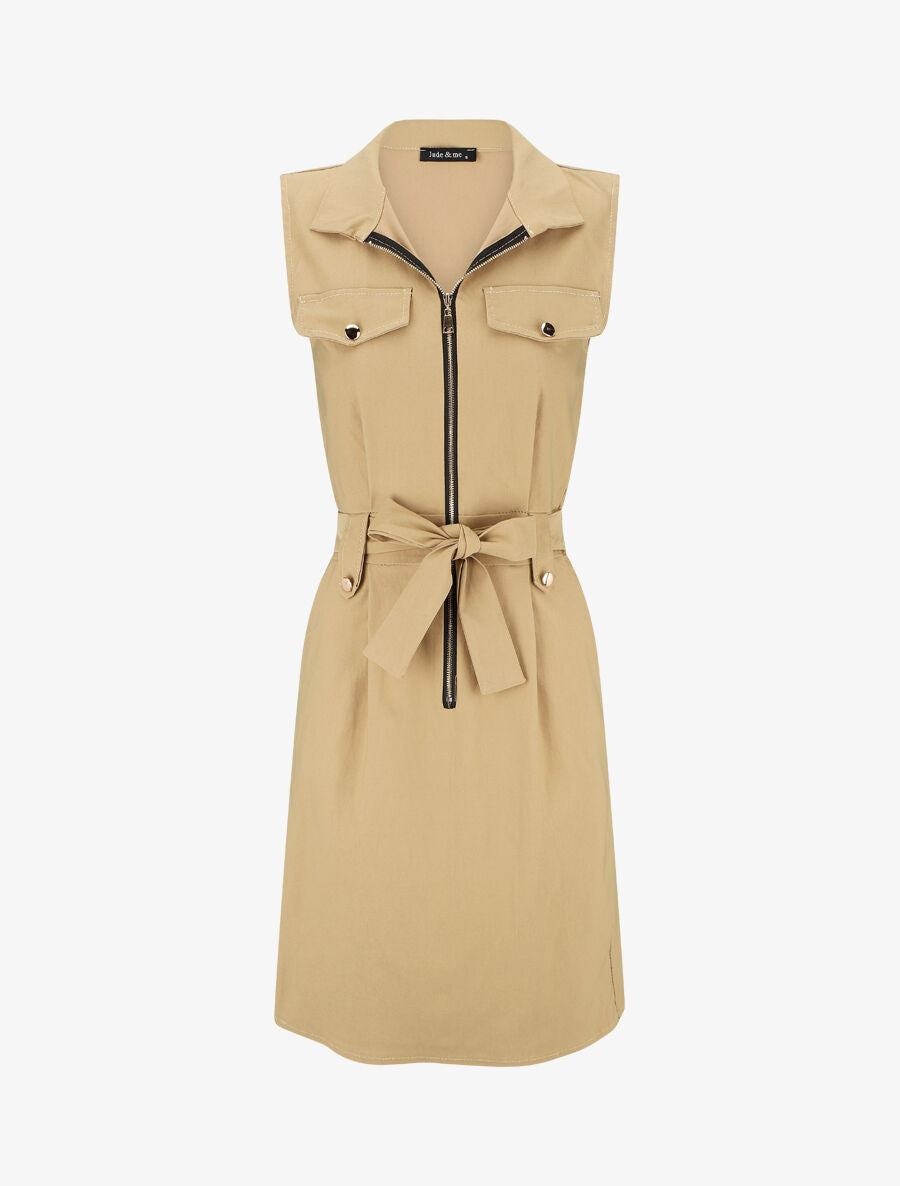 Robe mi-longue sans manches ajustée à zip - Beige - 4
