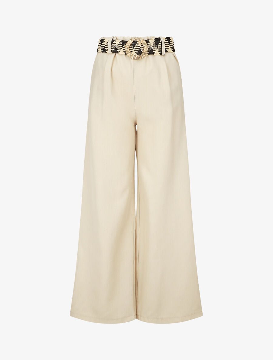 Pantalon ample taille haute élastiquée - Beige - 4