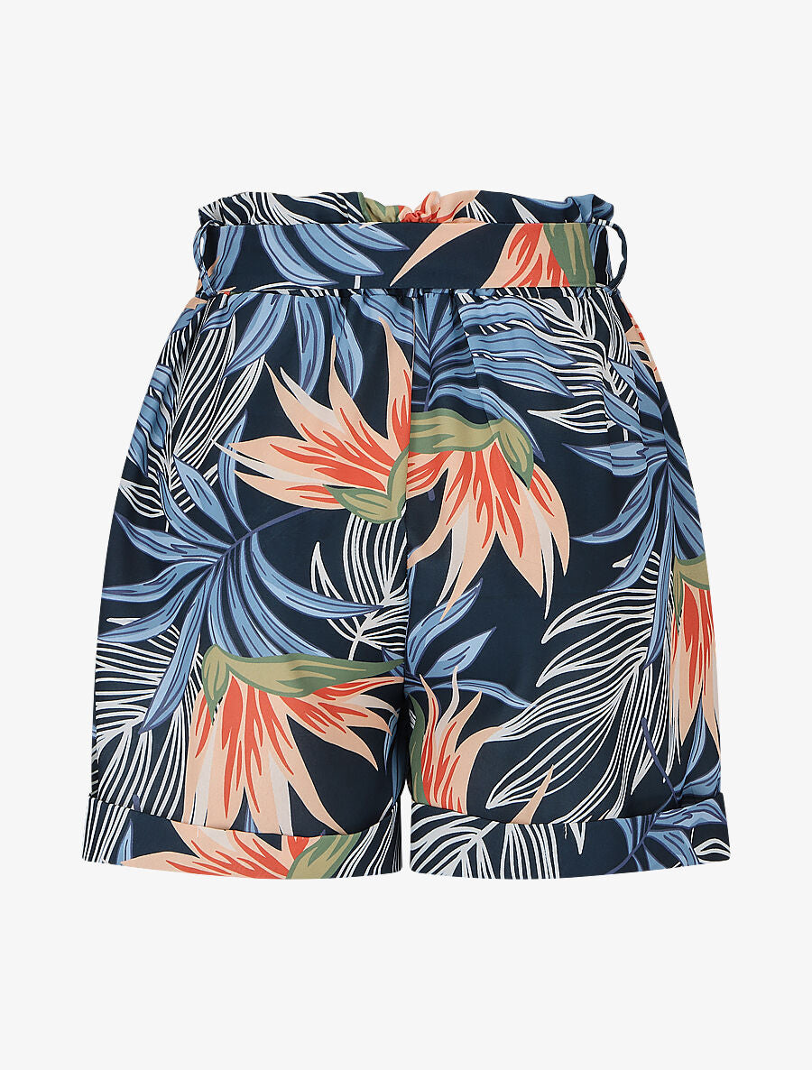 Short élastiqué imprimé feuillage - Bleu - 3