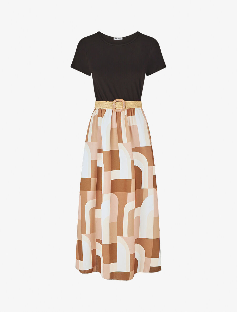 Robe bicolore imprimé graphique - Beige - 1