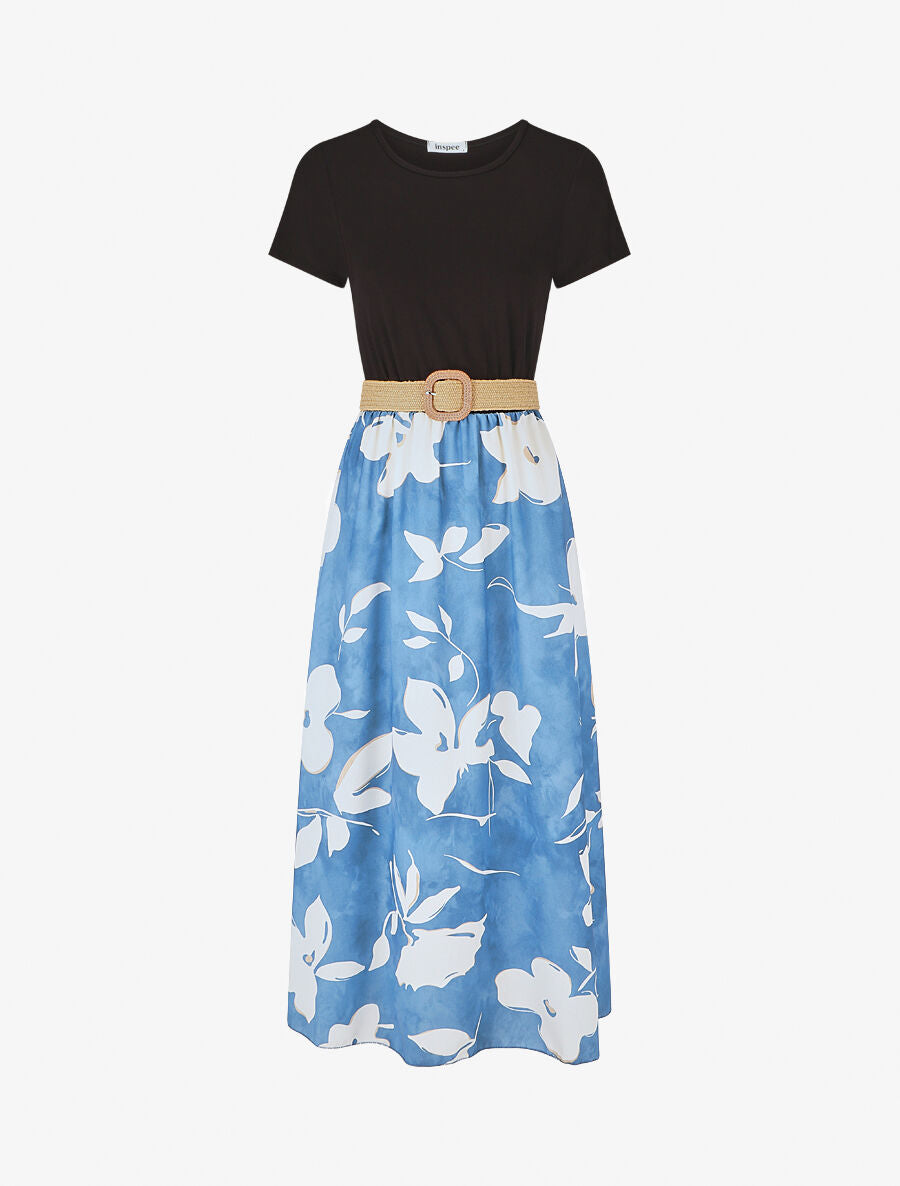 Robe longue bicolore imprimé fleuri - Bleu - 4