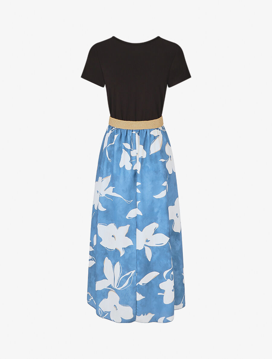 Robe longue bicolore imprimé fleuri - Bleu - 2