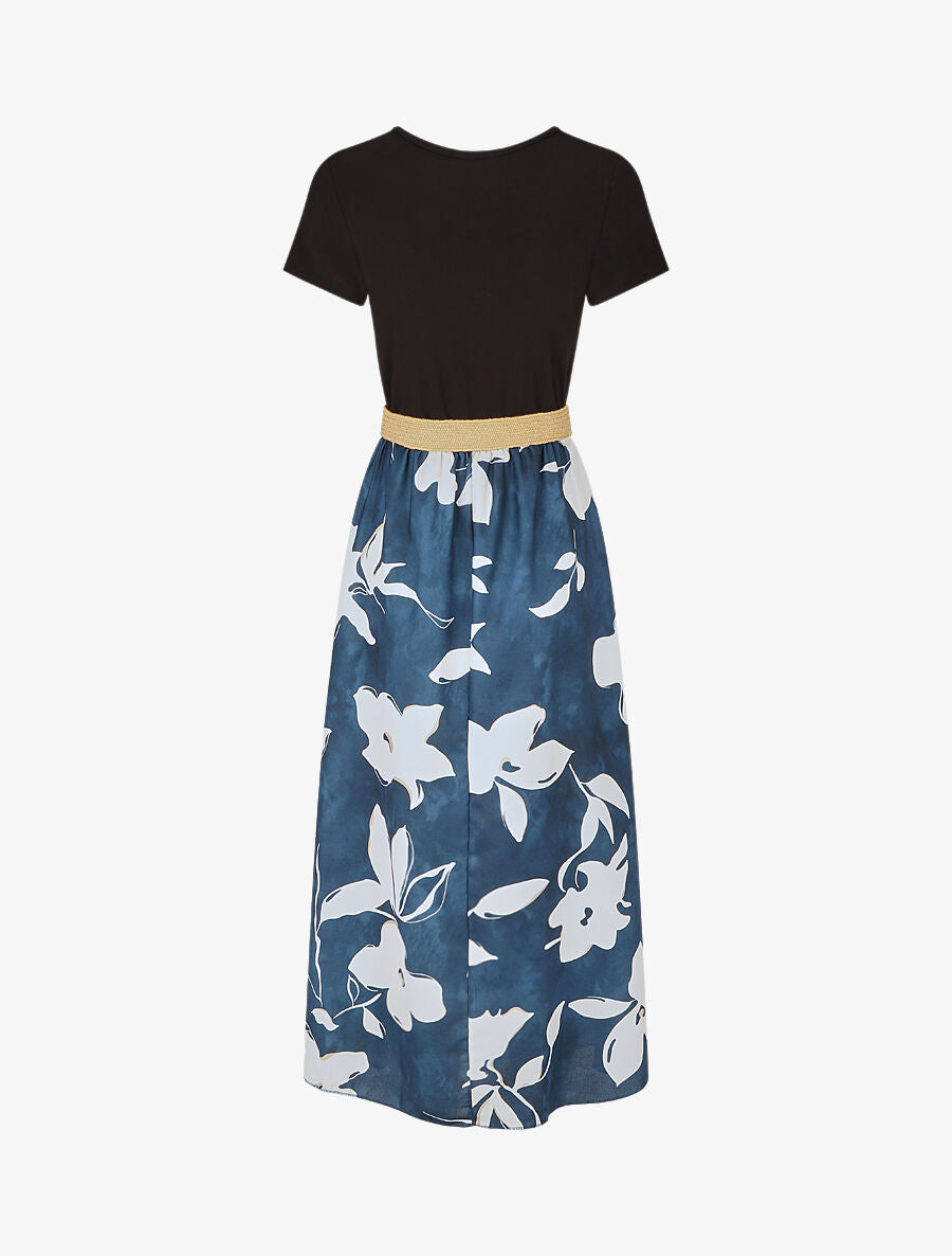 Robe longue bicolore imprimé fleuri - Marine - 2