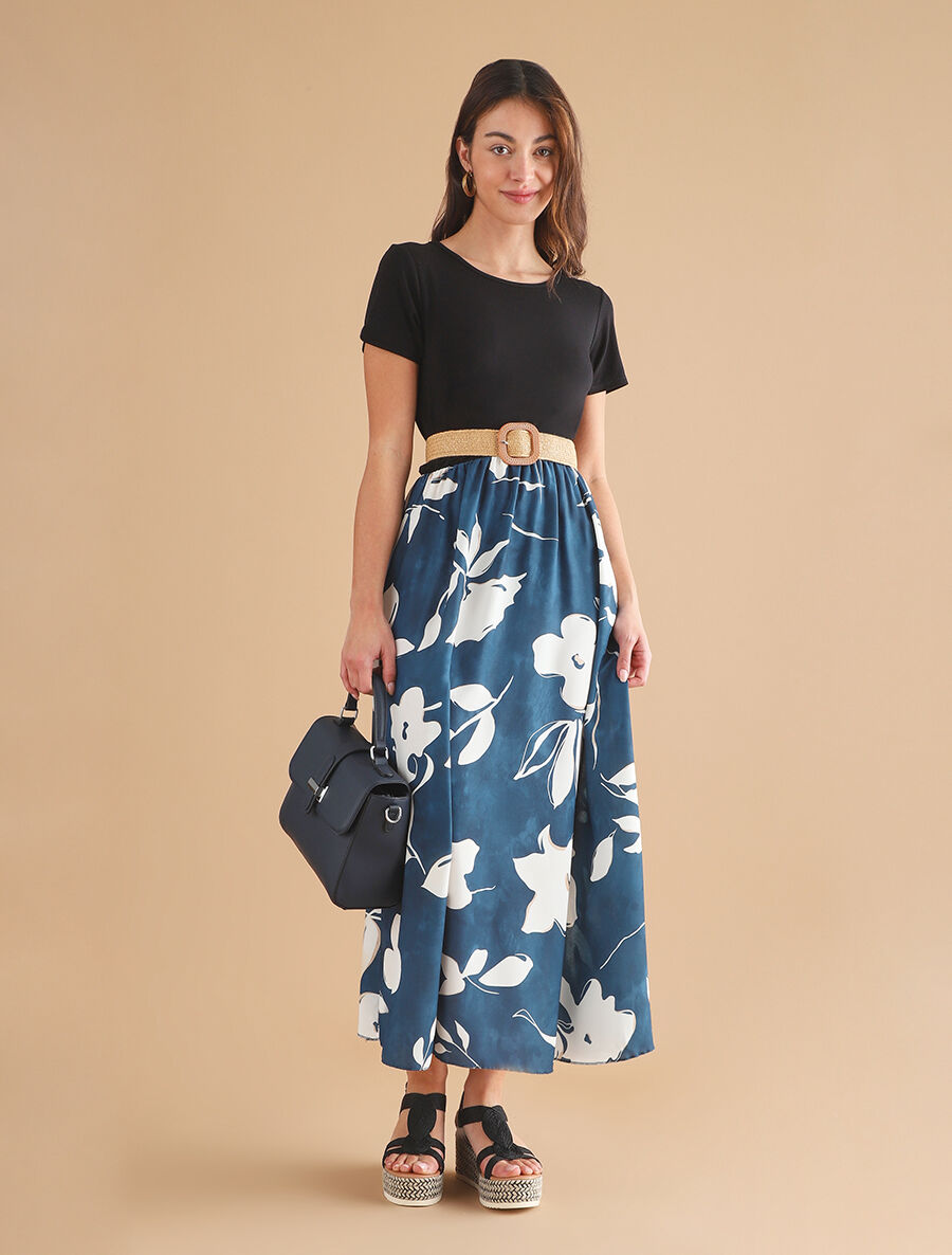 Robe longue bicolore imprimé fleuri - Marine - 4
