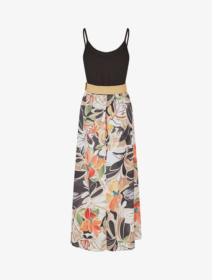 Robe bicolore imprimé tropical - Noir - 2