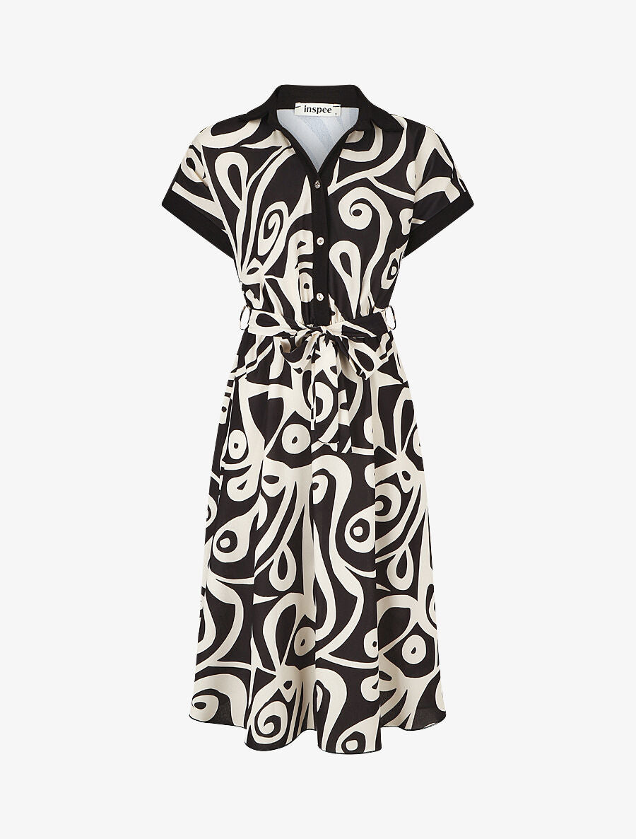 Robe chemise motif graphique manches courtes - Noir - 1