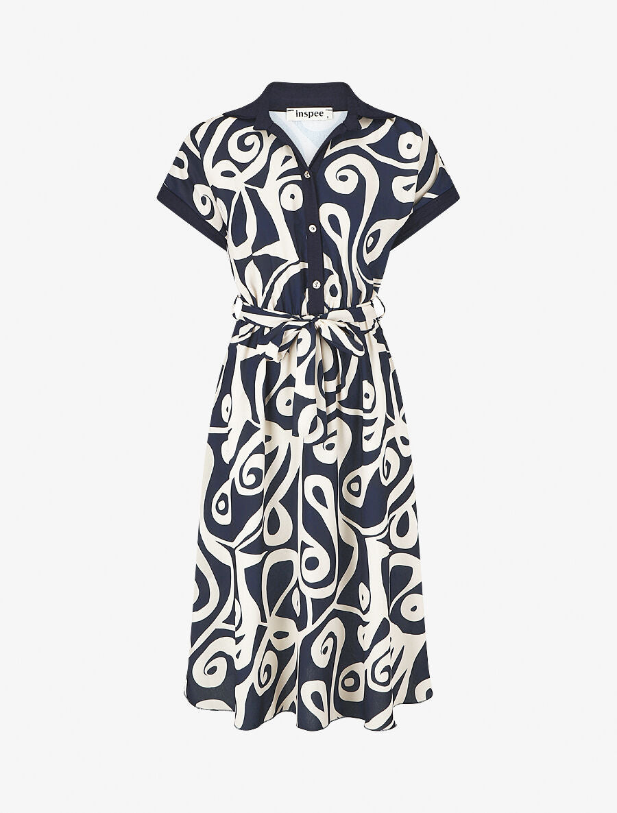 Robe chemise motif graphique manches courtes - Marine - 1