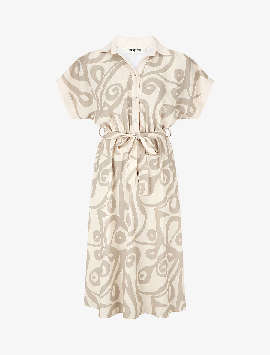 Robe chemise motif graphique manches courtes - Beige - 1