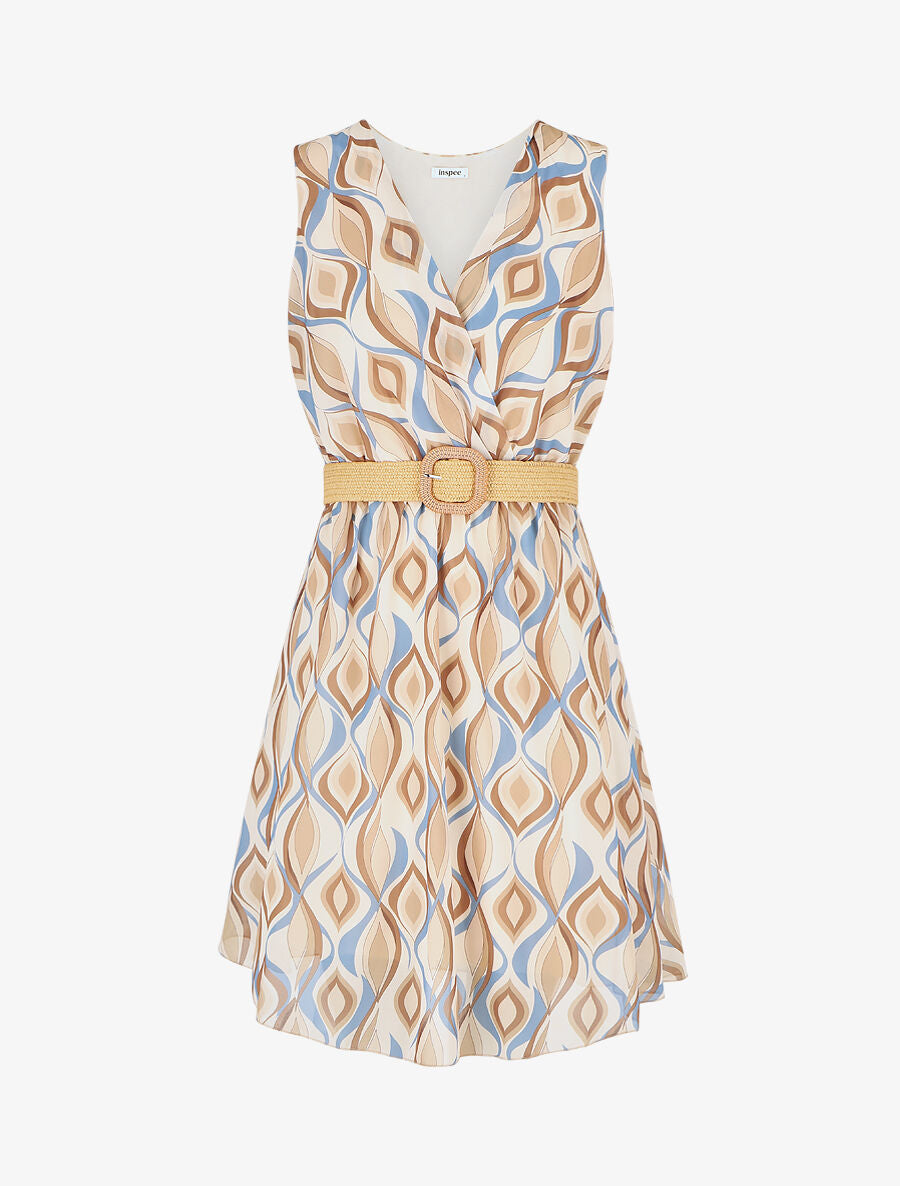 Robe élastiquée à imprimé graphique - Beige - 1