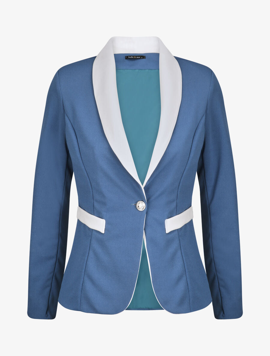 Blazer slim à col et poches contrastants - Bleu - 1