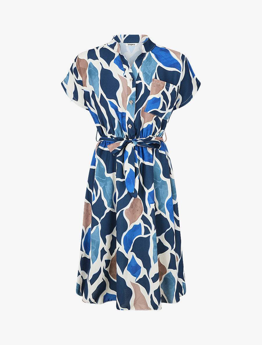 Robe longue élastiquée imprimé abstrait - Bleu - 1