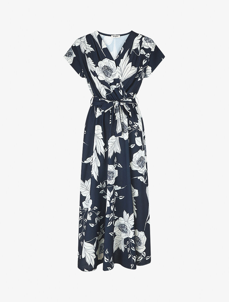 Robe longue imprimé floral à col cache-coeur - Marine - 1