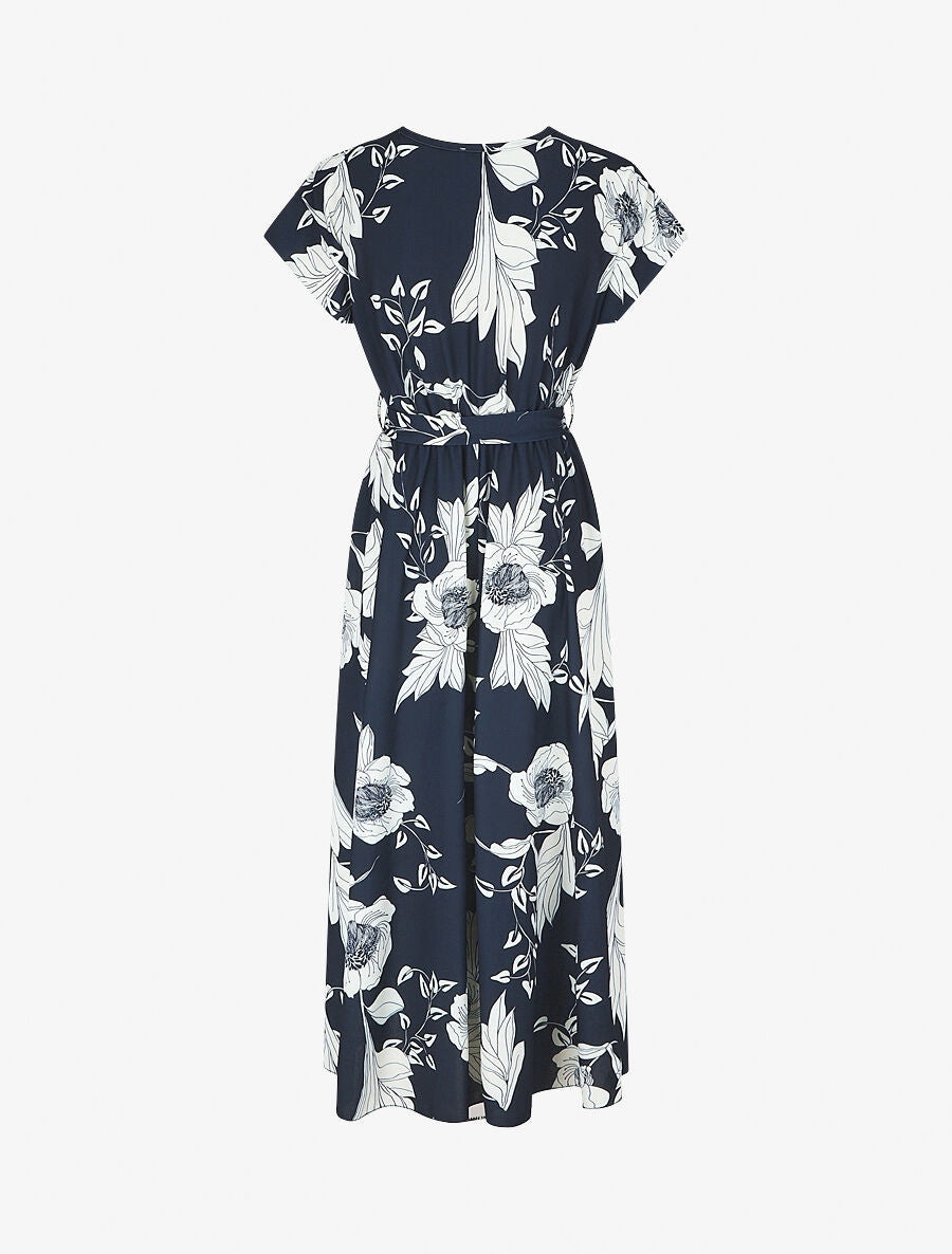 Robe longue imprimé floral à col cache-coeur - Marine - 2
