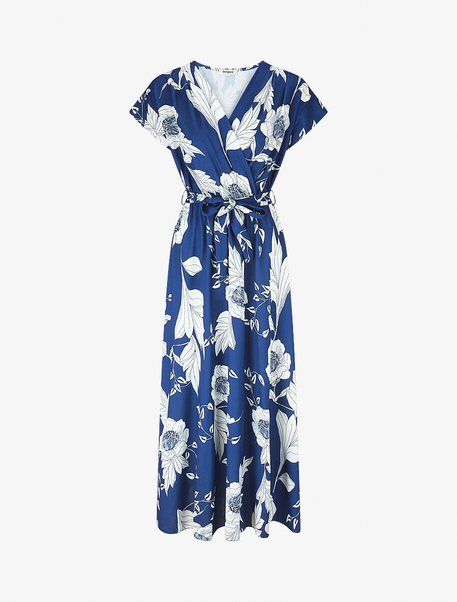 Robe longue imprimé floral à col cache-coeur - Bleu roi - 1