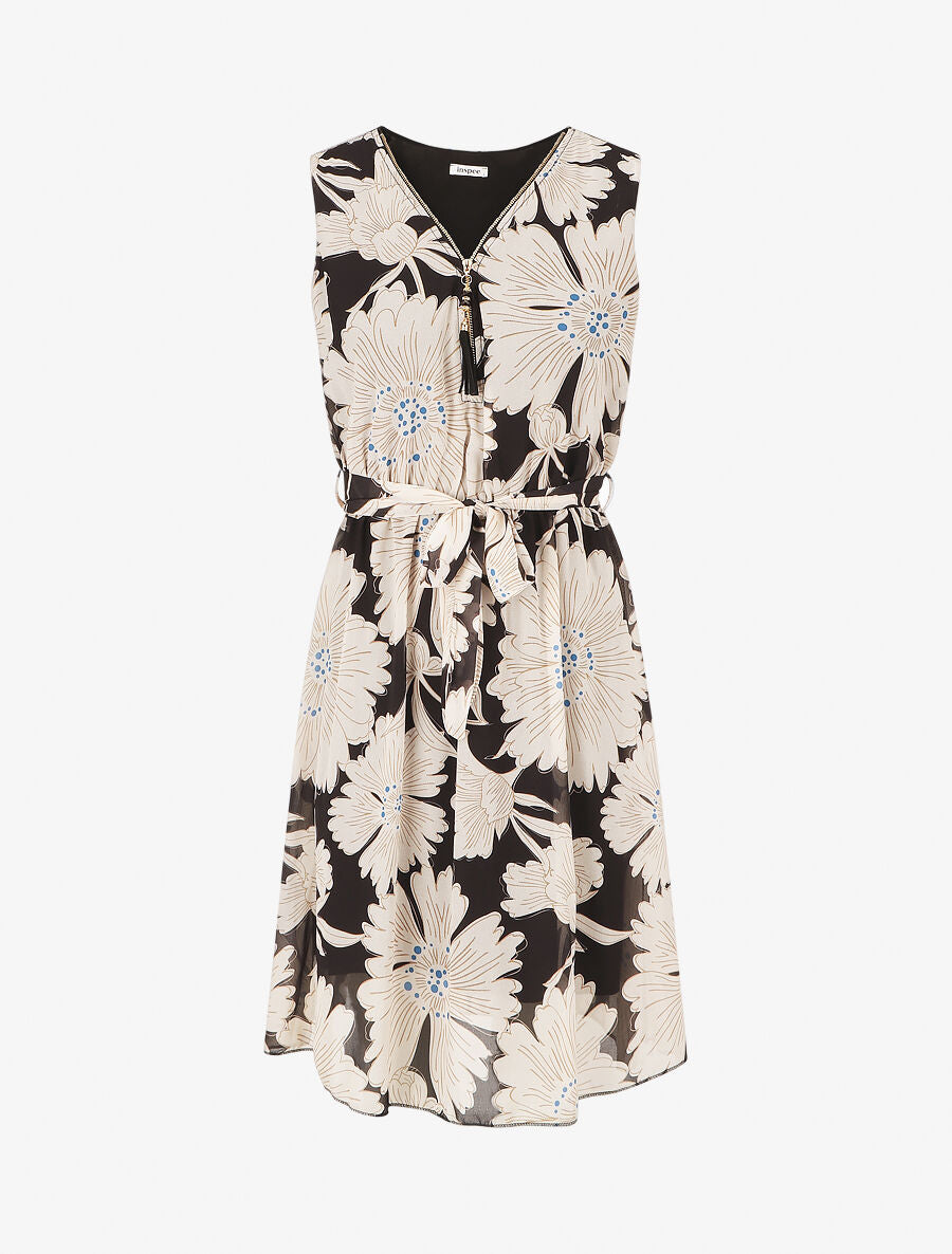 Robe mi-longue imprimé fleuri - Noir - 5